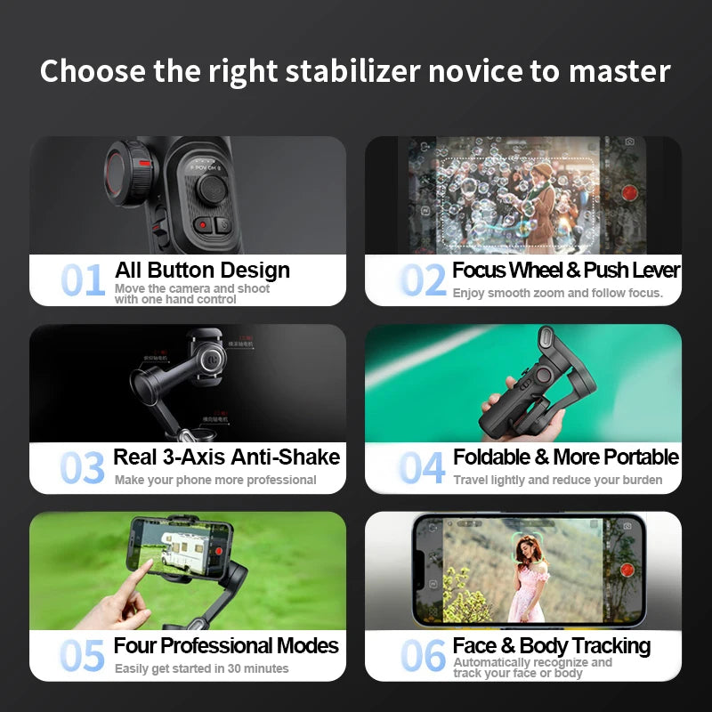 3-Axis Smartphone Gimbal Stabilizer with Fill Light & Face Tracking