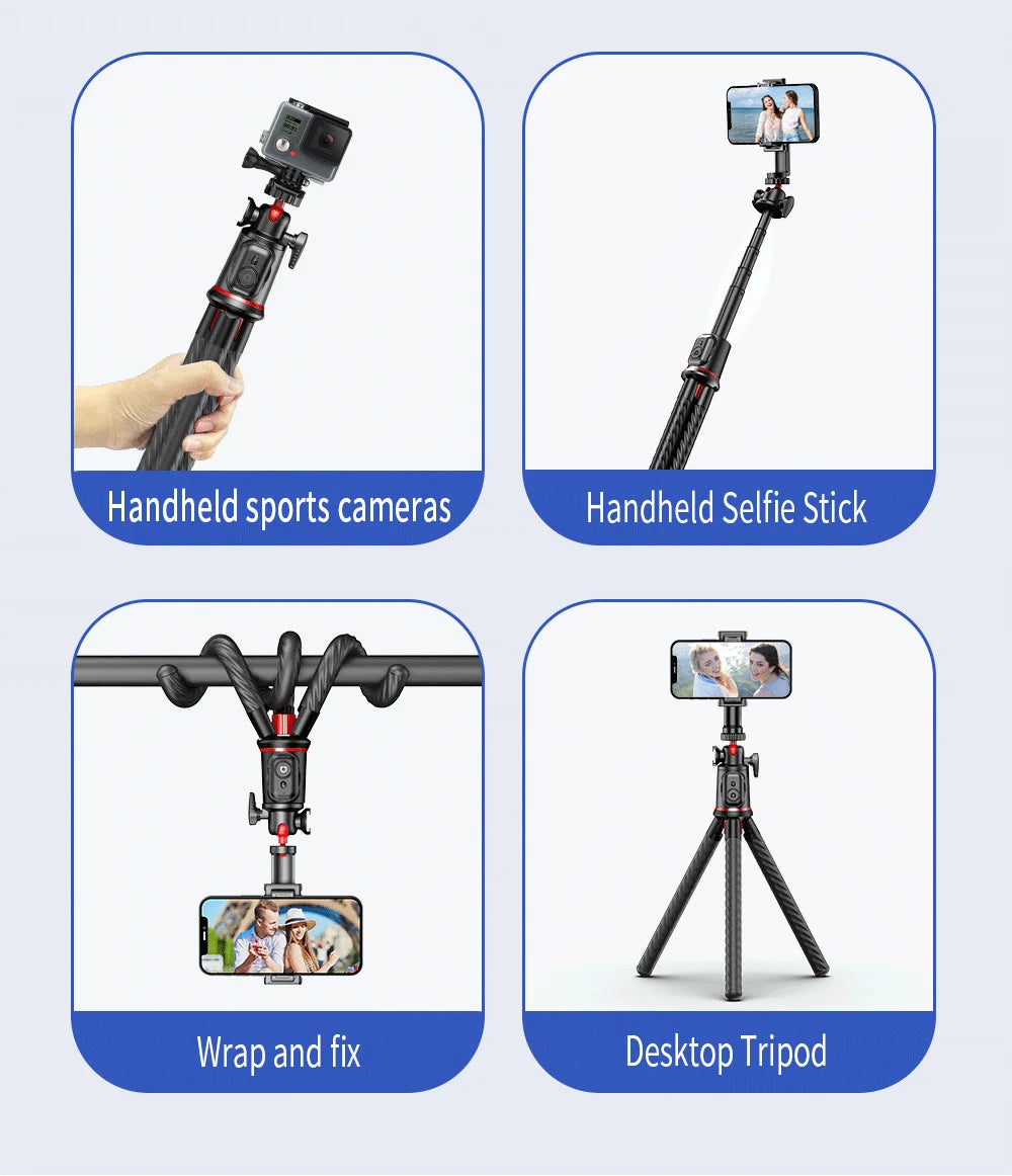 Flexible Octopus Tripod Selfie Stick with Telescopic Pole and Phone Clip