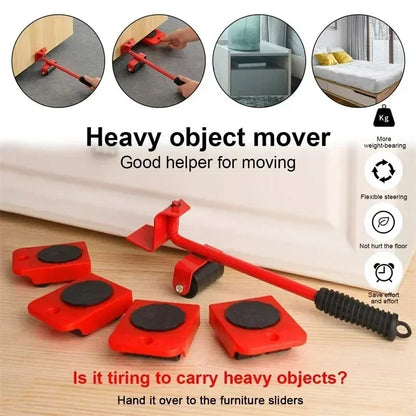 5Pcs/set Furniture Mover Tool Set Heavy Stuffs Moving Roller with Bar Furniture Mover Lifter with Wheel Professional Moving Tool