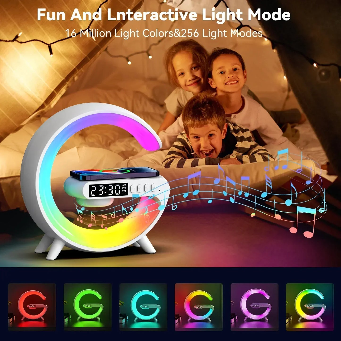 Multi-function Wireless Charger Stand, RGB Light, Alarm Clock, Speaker