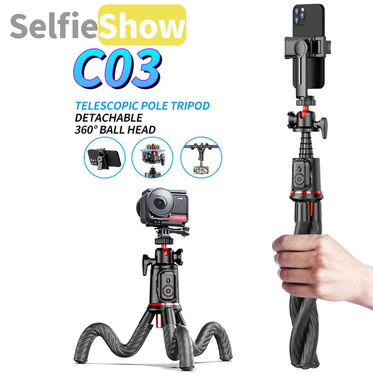 Flexible Octopus Tripod Selfie Stick with Telescopic Pole and Phone Clip