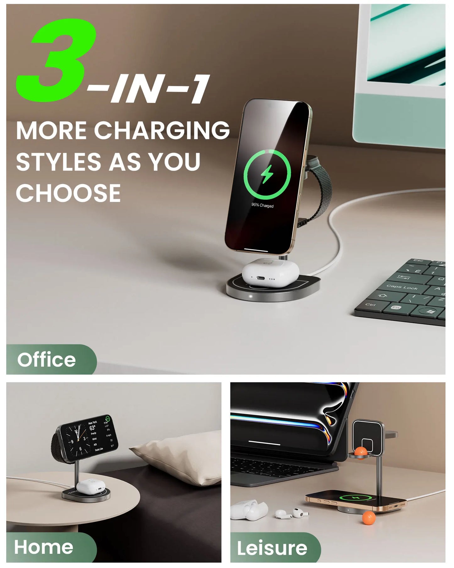 KUXIU 3 in 1 Magnetic Wireless Charging Stand For iPhone/ Watch/ AirPods