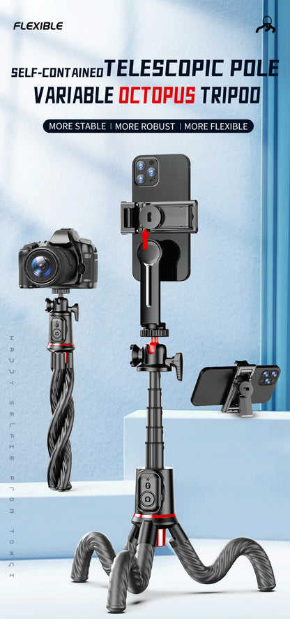 Flexible Octopus Tripod Selfie Stick with Telescopic Pole and Phone Clip