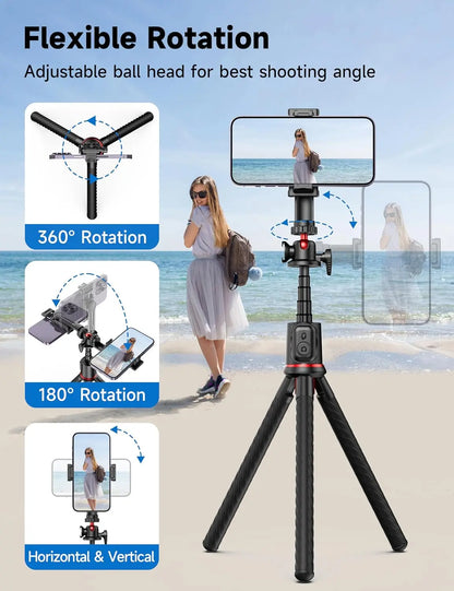 Flexible Octopus Tripod Selfie Stick with Telescopic Pole and Phone Clip