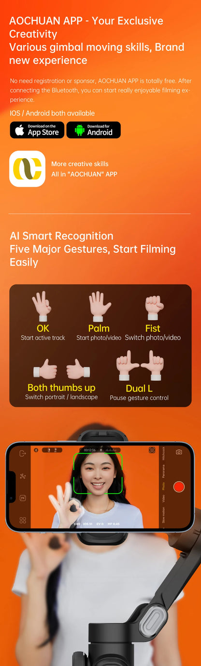 3-Axis Smartphone Gimbal Stabilizer with Fill Light & Face Tracking