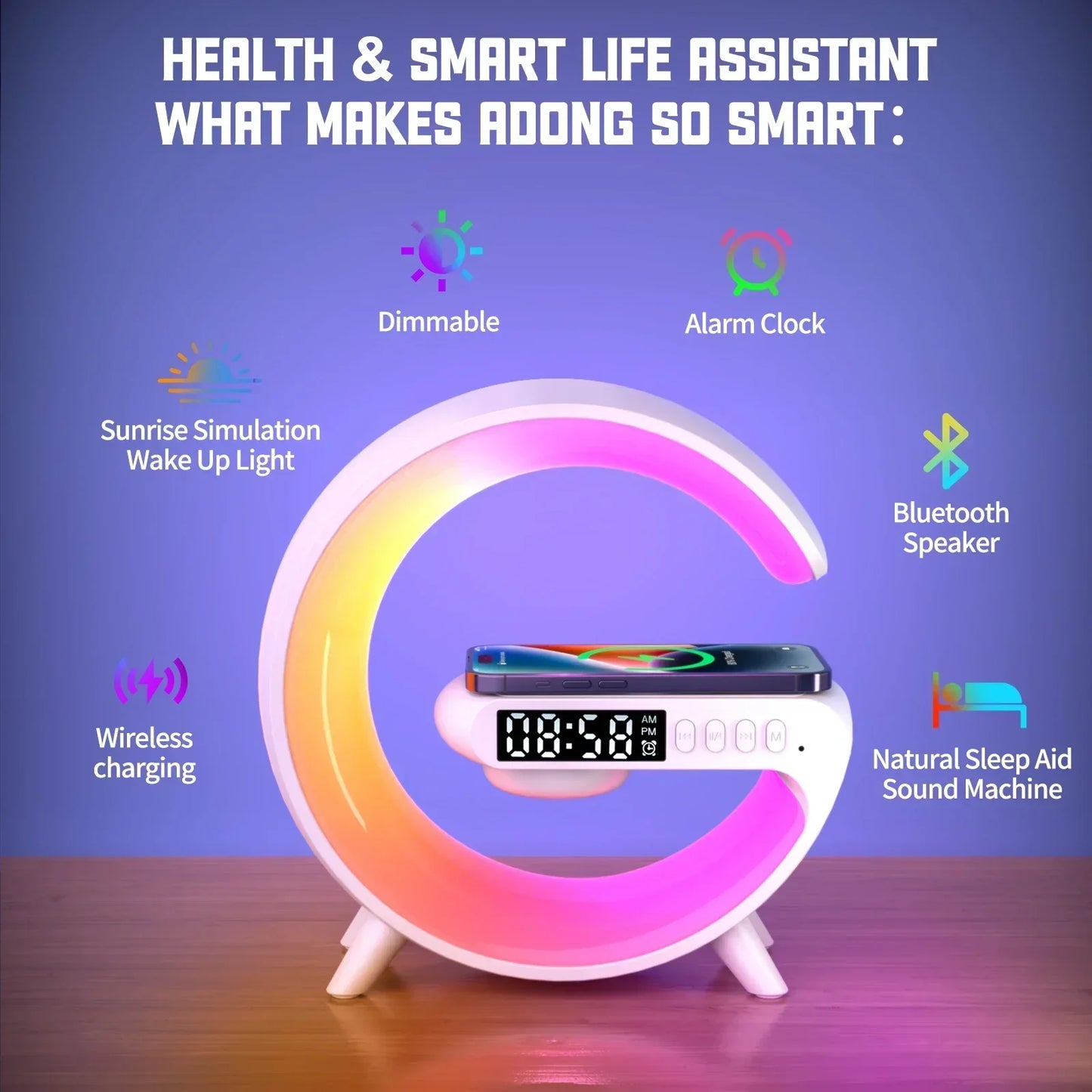 Multi-function Wireless Charger Stand, RGB Light, Alarm Clock, Speaker