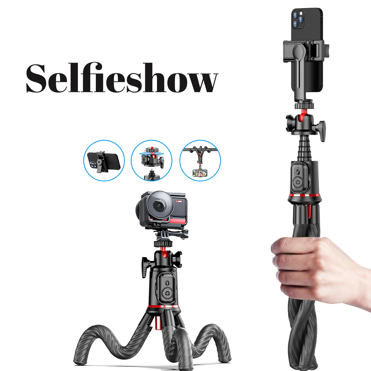 Flexible Octopus Tripod Selfie Stick with Telescopic Pole & Phone Clip